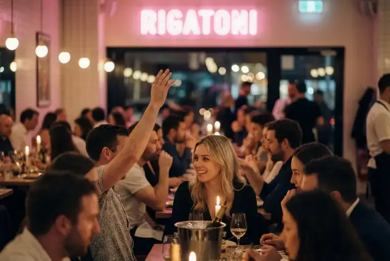 People dining and socializing at a lively Ibiza restaurant with a neon RIGATONI sign behind.