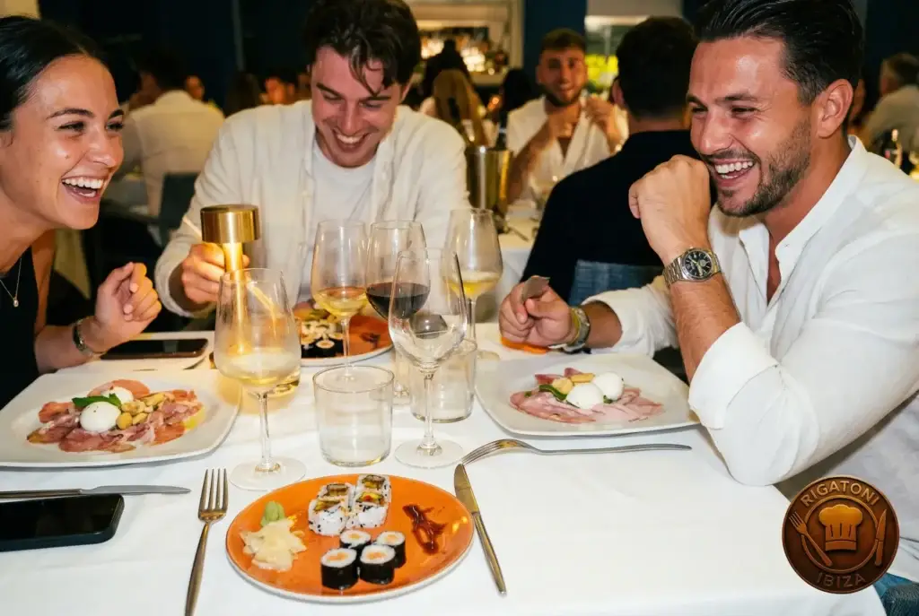 Three people laughing and dining in Ibiza, enjoying sushi and appetizers at Rigatoni.