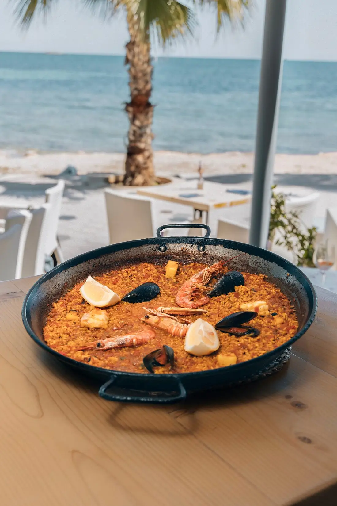 Seafood paella close-up at América dinner event in Ibiza