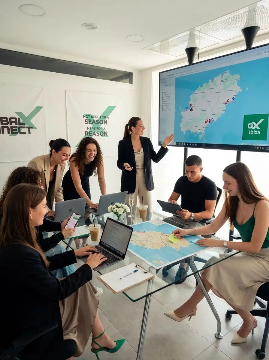 The GXC Ibiza team planning trips around an Ibiza map in the Figueretas office