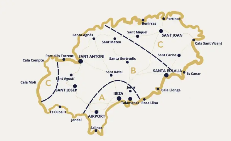Ibiza transfer zones map — Areas A, B and C