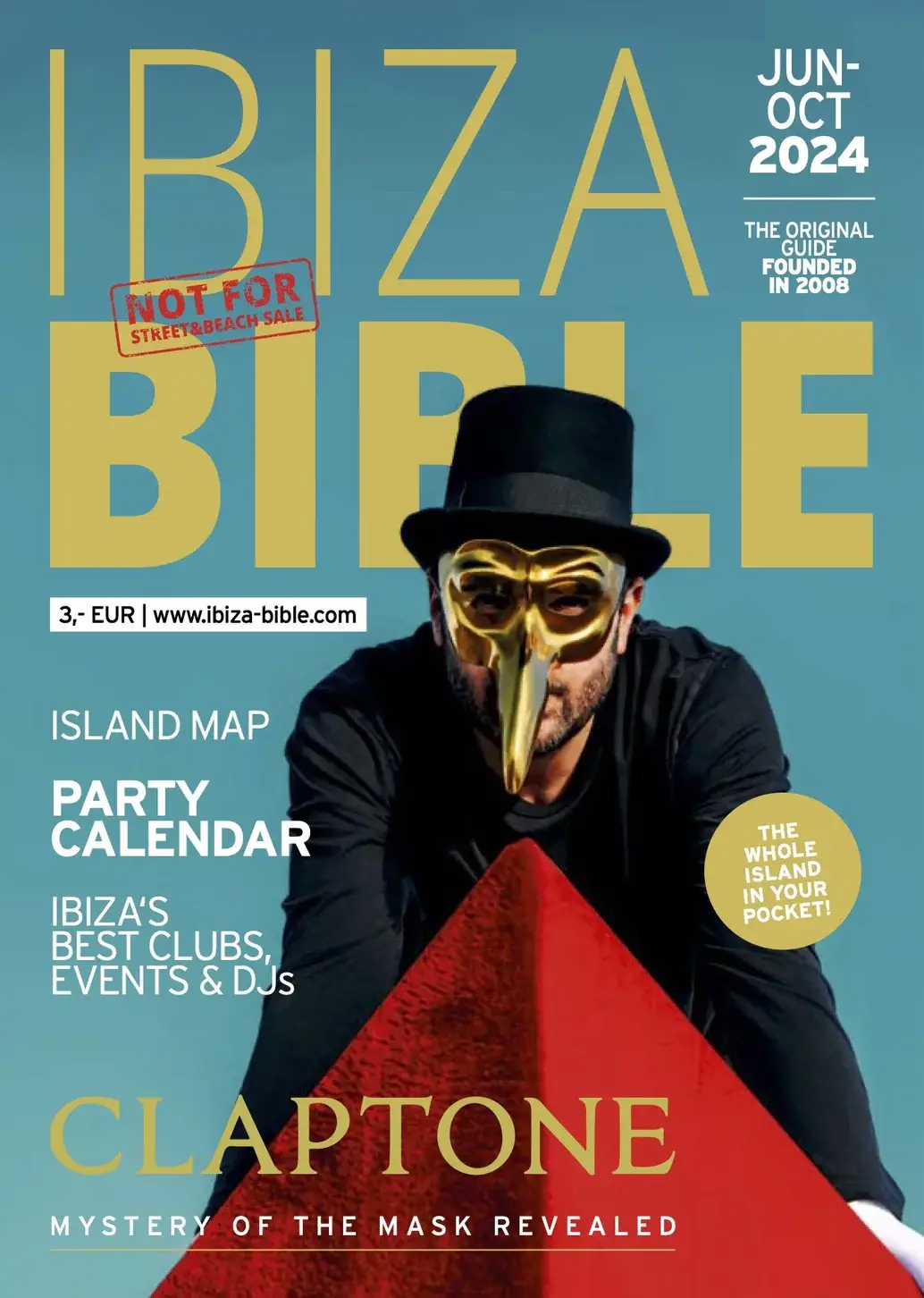 Ibiza Bible 2024 cover featuring Claptone in his golden mask, with the stamp Not For Street and Beach Sale