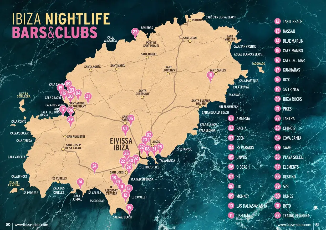Ibiza nightlife bars and clubs map spread from the Ibiza Bible 2026 edition, with numbered pins for every major club and beach bar on the island